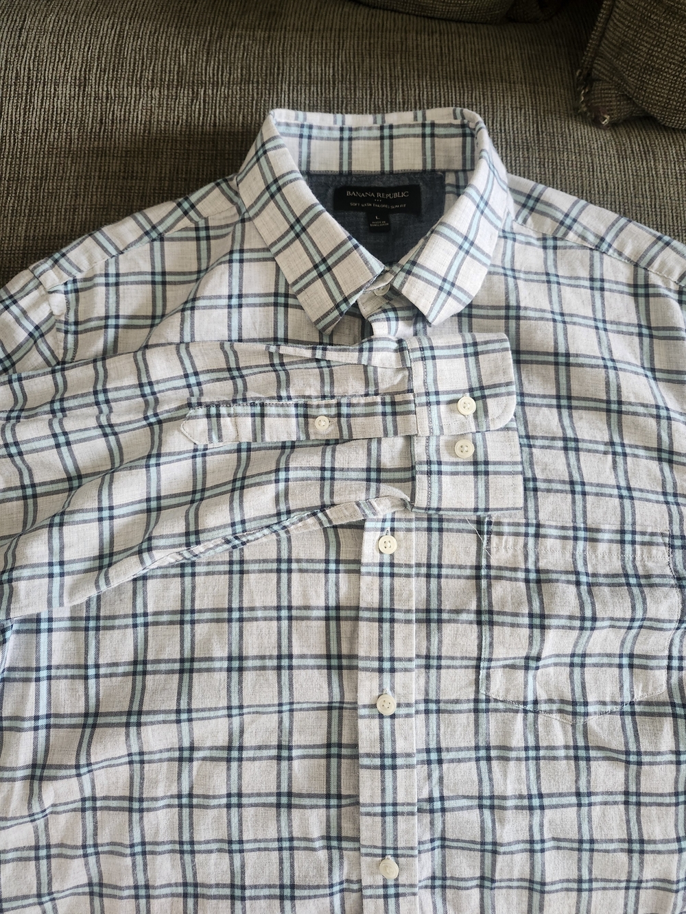 Banana Republic Men's White Shirt with Blue and Green Plaid